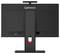 Rückansicht eines Lenovo-Desktop-Monitors auf einem Ständer, der Stromversorgungs- und USB-Anschlüsse sowie einen zentralen Kabelmanagement-Schlitz zeigt.