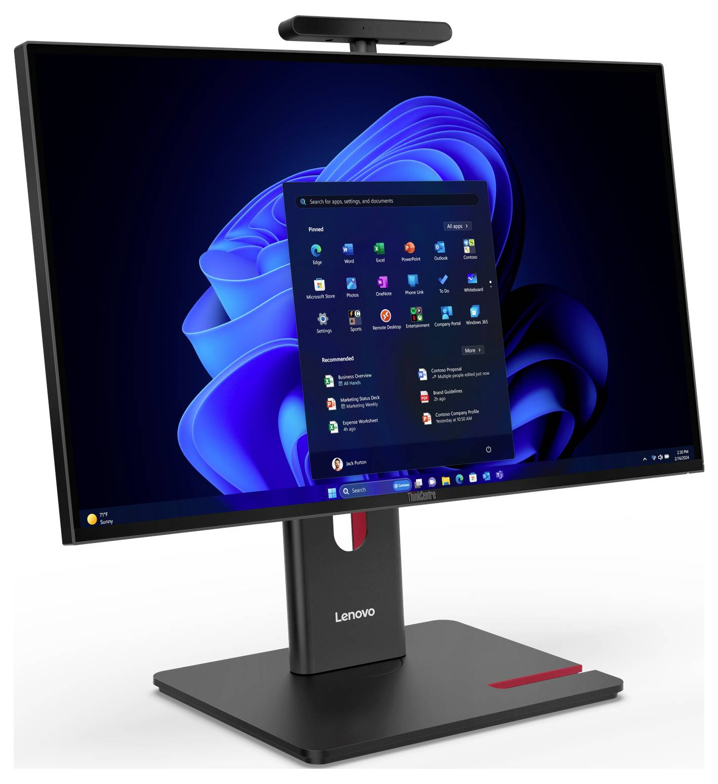 Lenovo All-in-One-Desktop-Monitor mit geöffnetem Windows 11-Startmenü auf blauem abstraktem Hintergrund, auf einem Ständer mit integrierter Webcam angezeigt.