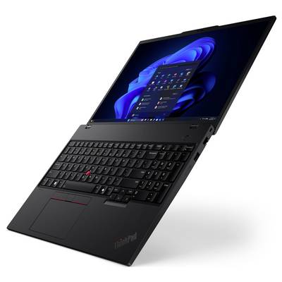 Schwarzer Lenovo ThinkPad-Laptop, der in einem Winkel geöffnet angezeigt wird und einen Windows-Desktop auf dem Bildschirm anzeigt.
