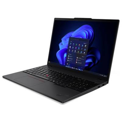 Schwarzer ThinkPad-Laptop, der in einem Winkel geöffnet angezeigt wird, mit dem Windows 11-Desktop und dem Startmenü auf dem Bildschirm.