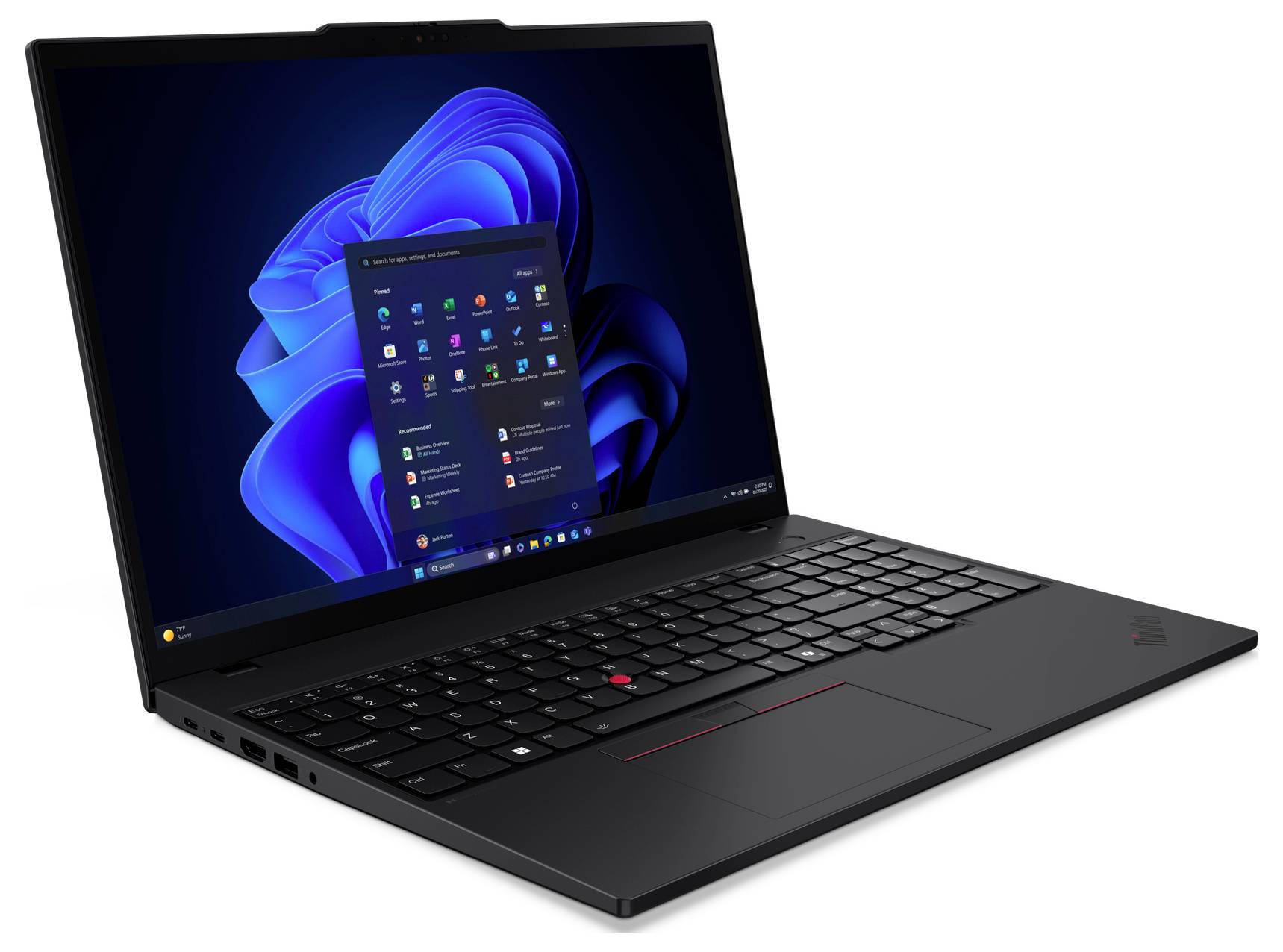 Schwarzer Lenovo ThinkPad Laptop aufgeklappt in einem Winkel, zeigt den Windows 11 Desktop und das Startmenü auf dem Bildschirm.