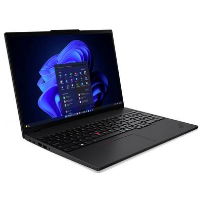 Schwarzer Lenovo ThinkPad Laptop aufgeklappt in einem Winkel, zeigt den Windows 11 Desktop und das Startmenü auf dem Bildschirm.