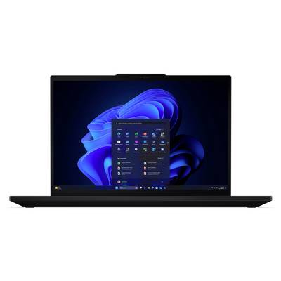 Ein Laptop, der den Windows 11-Desktop mit dem geöffneten Startmenü über einer blauen abstrakten Wirbel-Tapete anzeigt.
