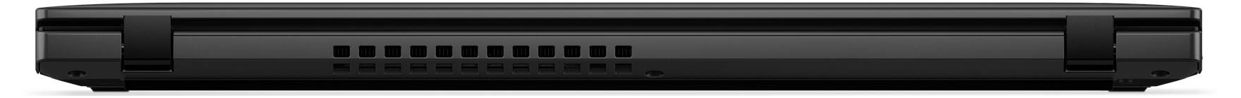 Seitenansicht eines geschlossenen schwarzen Laptops, die das dünne Profil, das Scharnier und die Belüftungsschlitze zeigt.
