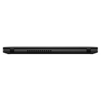 Seitenansicht eines geschlossenen schwarzen Laptops, die das dünne Profil, das Scharnier und die Belüftungsschlitze zeigt.