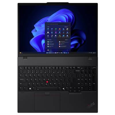 Schwarzer ThinkPad-Laptop mit Windows 11-Desktop und Startmenü auf dem Bildschirm, mit sichtbarer Tastatur und Trackpad.