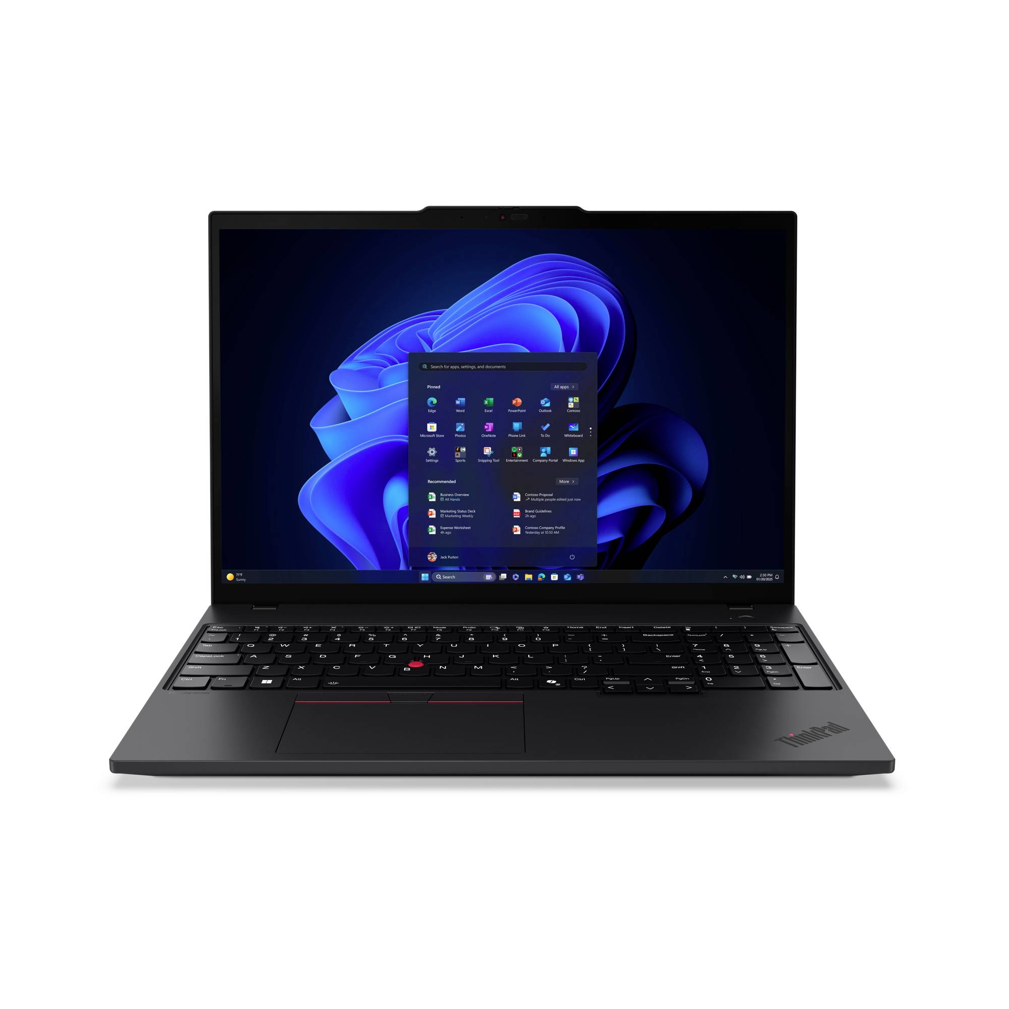 Schwarzer Lenovo ThinkPad-Laptop geöffnet mit Windows 11-Startmenü auf dem Bildschirm angezeigt.