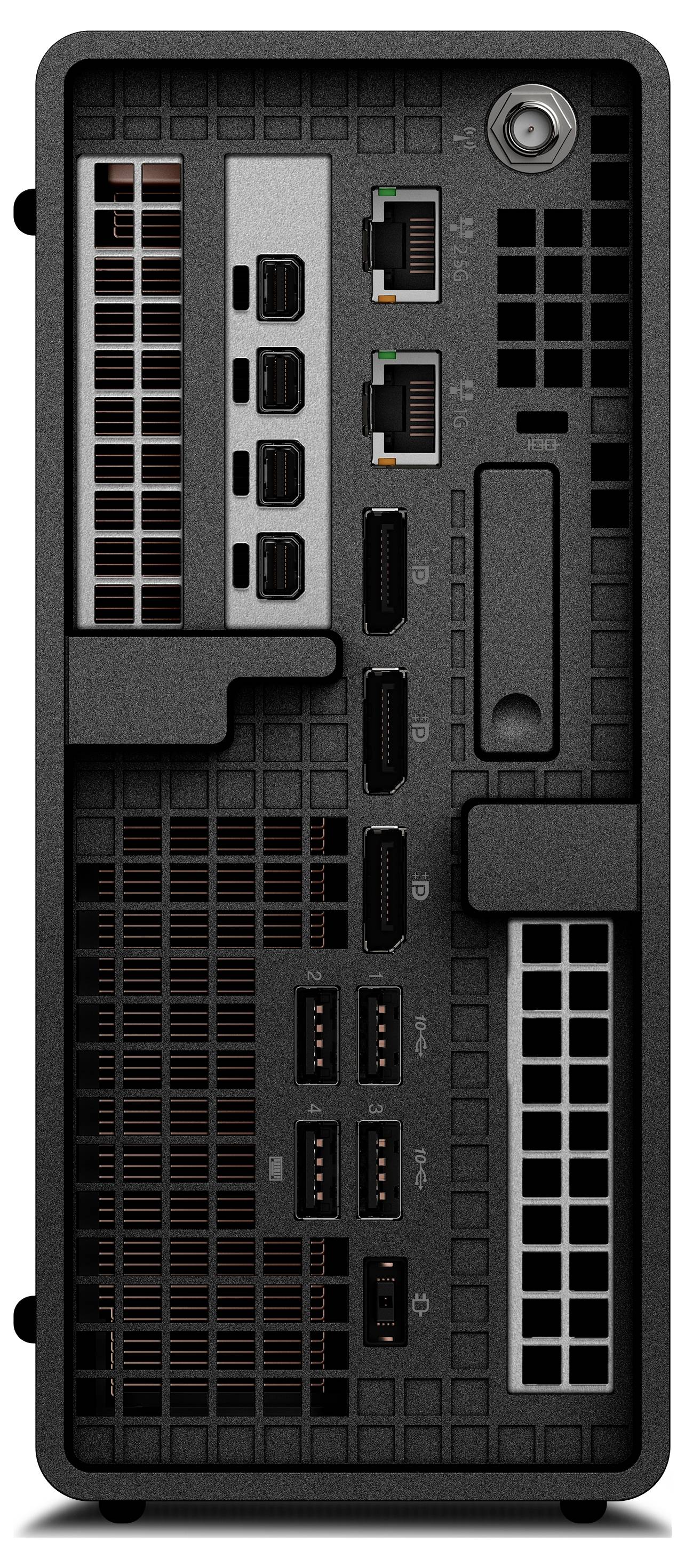 Rückseite einer Desktop-Grafikkarte mit mehreren Videoanschlüssen, Kühlungsöffnungen und Stromverbindungen in einer schwarzen Metallabschirmung.