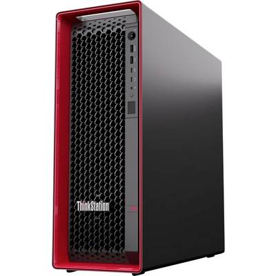 Schwarzer Lenovo ThinkStation Tower-Desktopcomputer mit roter Frontblende und Wabenbelüftungsgitter auf weißem Hintergrund.