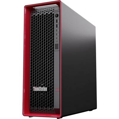 Schwarzer Lenovo ThinkStation Tower-Computer mit roter Frontblende und Wabenstruktur-Gitter, gezeigt in angewinkelter Seitenansicht auf weißem Hintergrund.