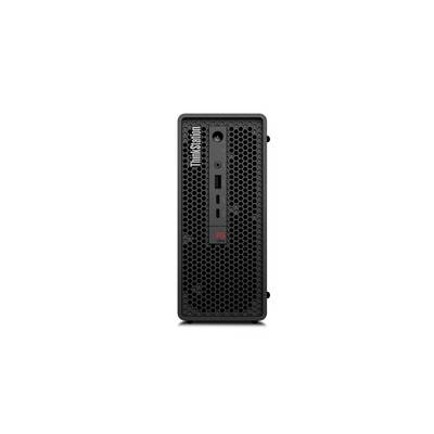 Vorderansicht eines Lenovo ThinkStation P8 Desktop-Towers mit schwarzem Wabengitter und roter Blende.
