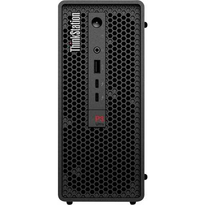 Vorderansicht eines Lenovo ThinkStation P3 Ultra Desktop-Towers mit Wabenfront-Gitter, Netzschalter, Audiobuchse, USB-Anschlüssen und ThinkStation-Logo.