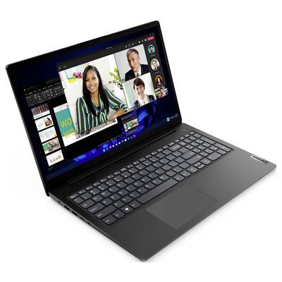 Ein Lenovo-Laptop, der eine Videokonferenz mit drei Teilnehmern und eine Folienpräsentation auf dem Bildschirm anzeigt.