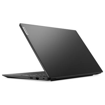 Schwarzer Lenovo-Laptop, teilweise geöffnet auf weißem Hintergrund, von der Seite betrachtet.