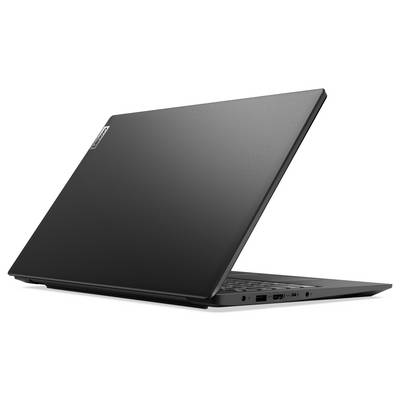 Geschlossener schwarzer Laptop, teilweise geöffnet auf weißem Hintergrund gezeigt, der Seitenports und Tastaturkante offenbart.