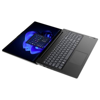 Lenovo-Laptop im angewinkelten Blick geöffnet, mit Windows 11-Schreibtisch auf dem Bildschirm und sichtbarer Tastatur und Touchpad.
