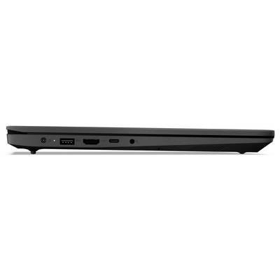 Seitenansicht eines geschlossenen schwarzen Laptops, die die Vorderkante mit Audiobuchse, USB-Anschluss, HDMI-Anschluss und Statusleuchten zeigt.