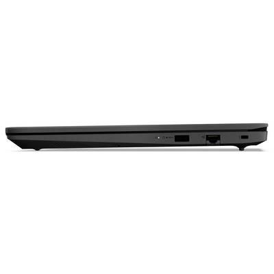 Seitenansicht eines geschlossenen schwarzen Laptops, die seine Vorderkante mit Statusleuchten und zwei Anschlüssen zeigt, einschließlich einer Ethernet-Buchse.