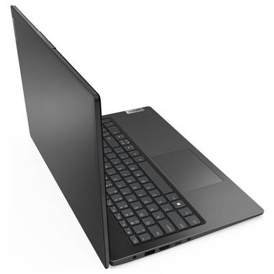 Schwarzer Laptop, offen im Winkel angezeigt, mit Tastatur und Touchpad vor weißem Hintergrund sichtbar.