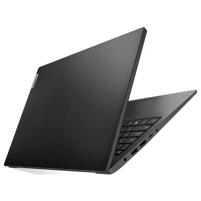 Offener schwarzer Laptop, teilweise geschlossen, zeigt Tastatur und Seitenports auf weißem Hintergrund.