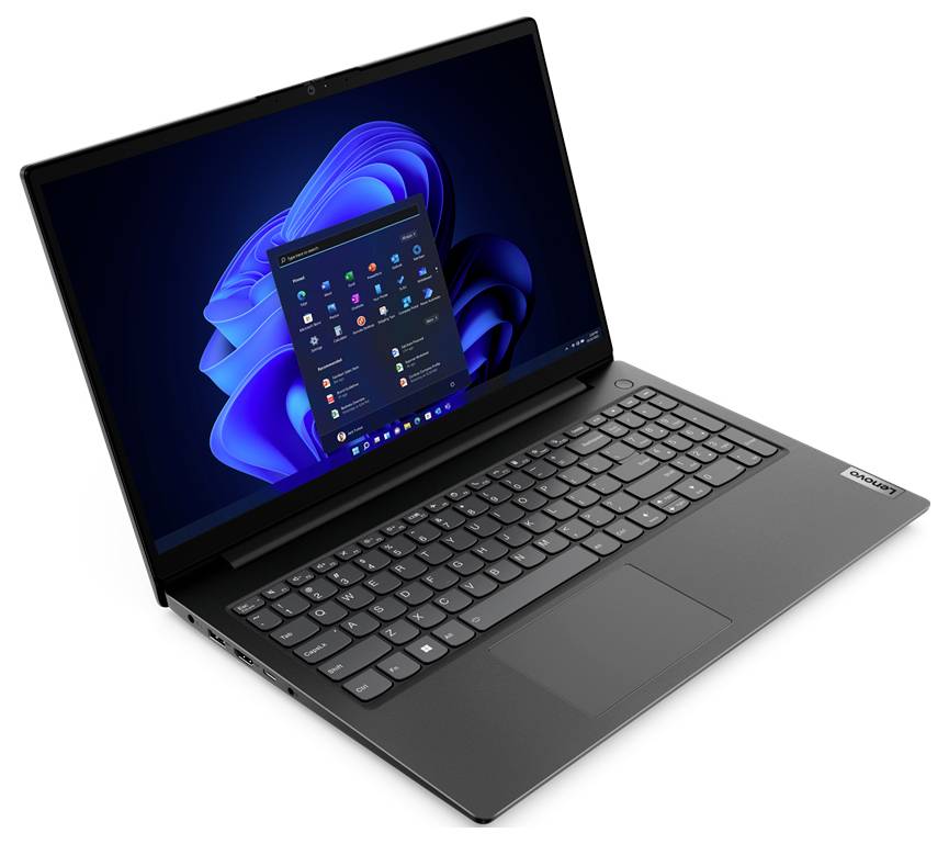 Schwarzer Lenovo-Laptop in einem Winkel geöffnet, zeigt Windows 11-Desktop auf dem Bildschirm und vollständige Tastatur mit Touchpad.