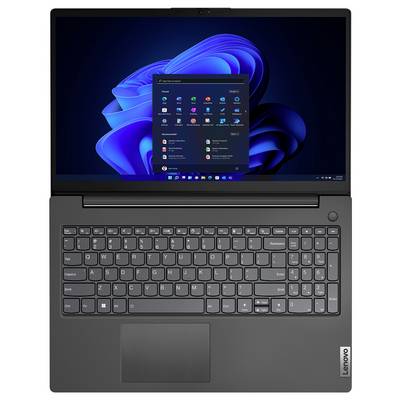 Lenovo-Laptop, aufgeklappt, mit Windows 11 Startmenü auf dem Bildschirm und vollständig sichtbarer Tastatur und Trackpad.