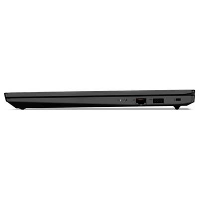 Seitenansicht der vorderen Kante eines schwarzen Laptops, die das schlanke geschlossene Gehäuse mit einem zentralen Ethernet-Anschluss und einem USB-Anschluss auf der rechten Seite zeigt.