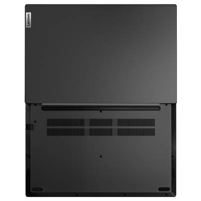 Unteransicht eines Lenovo-Laptops mit geschlossenem Untergehäuse, Lüftungsöffnungen, Schraubenlöchern und Gummifüßen.