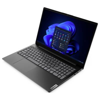 Schwarzer Lenovo-Laptop in einem Winkel geöffnet, der den Windows 11-Desktop und das Startmenü auf dem Bildschirm zeigt.
