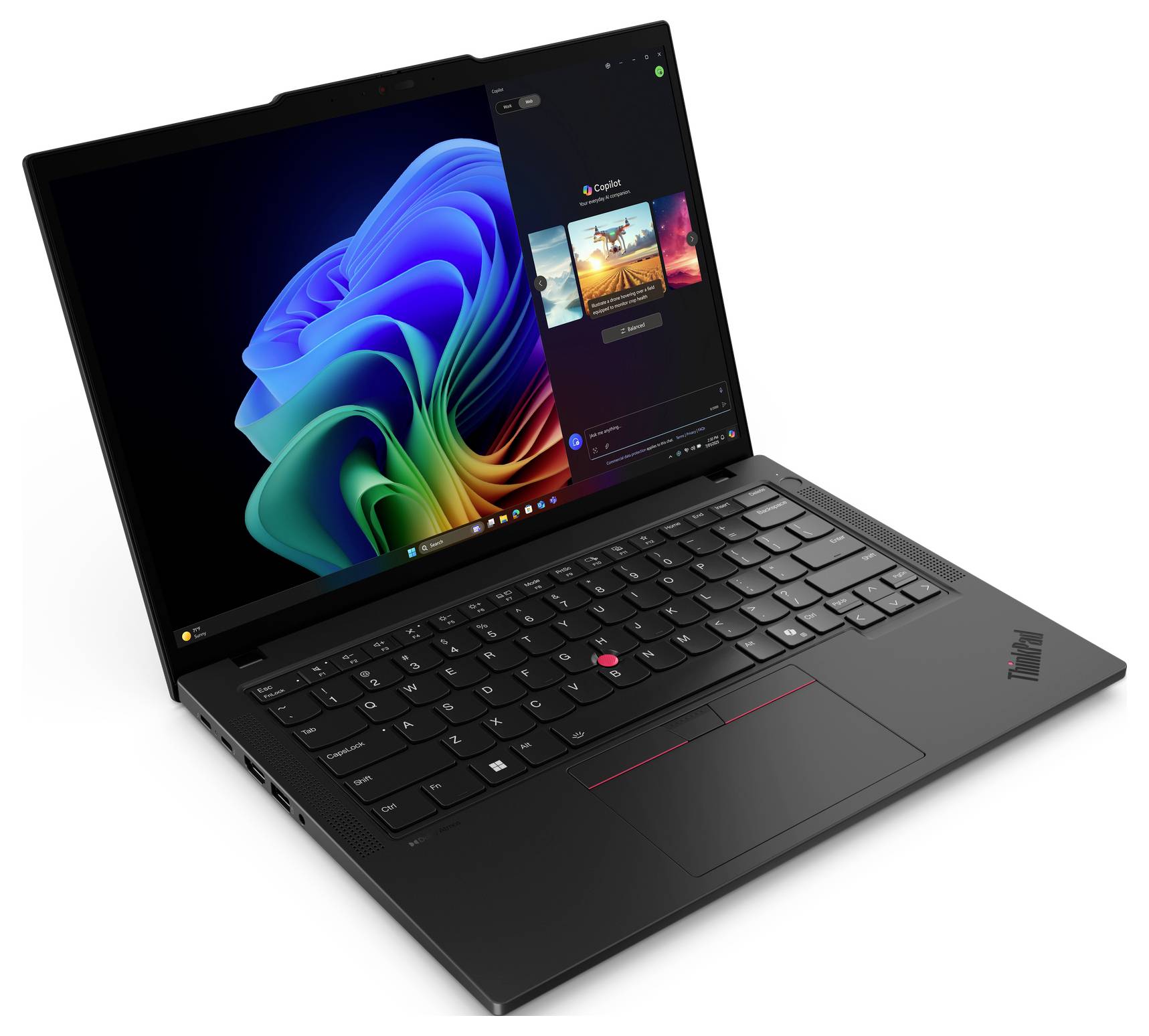 Schwarzes Lenovo ThinkPad Laptop in einem Winkel geöffnet, zeigt einen bunten Windows 11 Bildschirm und Tastatur auf weißem Hintergrund.
