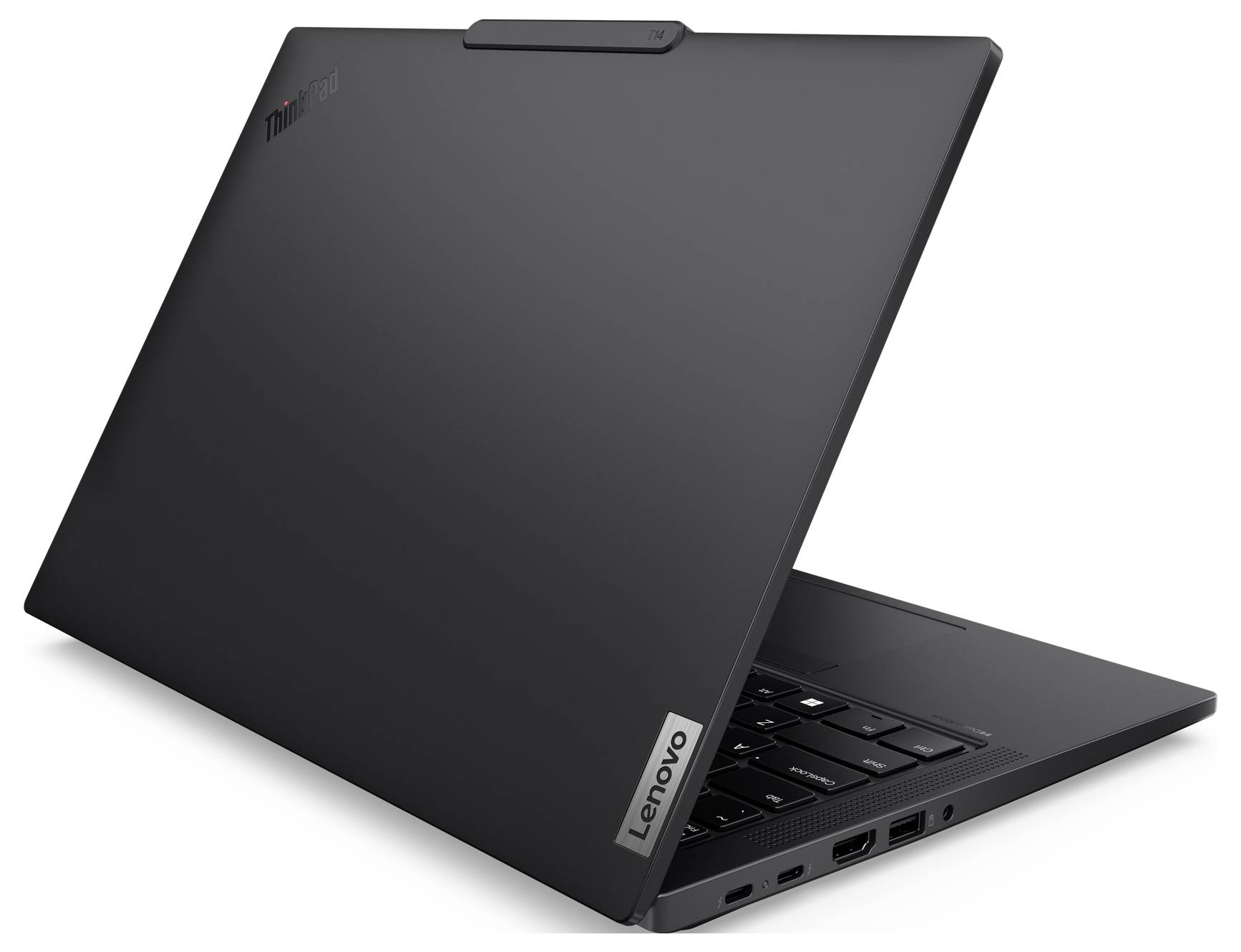 Schwarzer Lenovo ThinkPad Laptop teilweise geöffnet, zeigt Tastatur und Anschlüsse auf weißem Hintergrund.