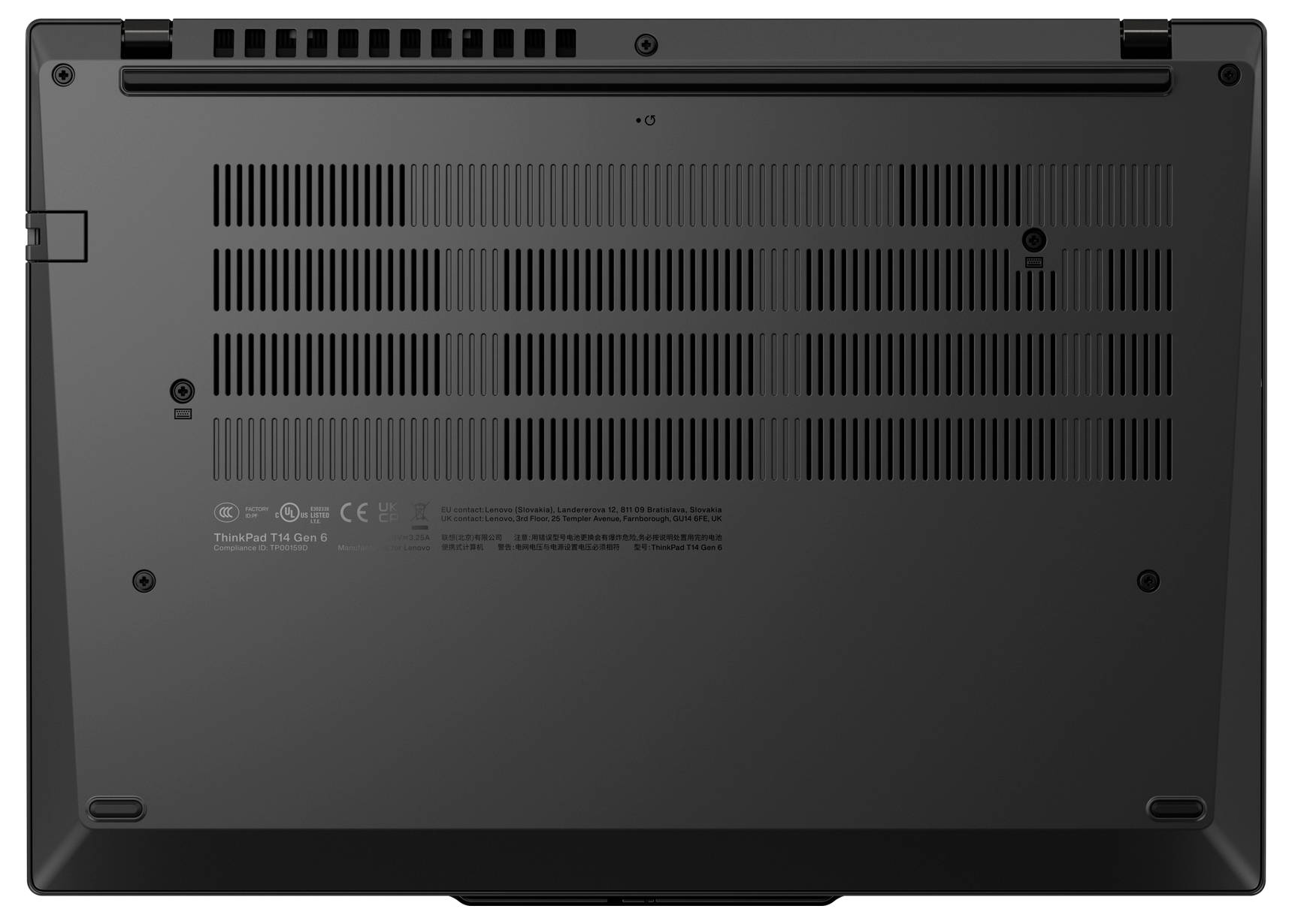 Ansicht von unten eines schwarzen Laptops mit Belüftungsgittern, Gummifüßen und dem hinteren Scharnier-Bereich.