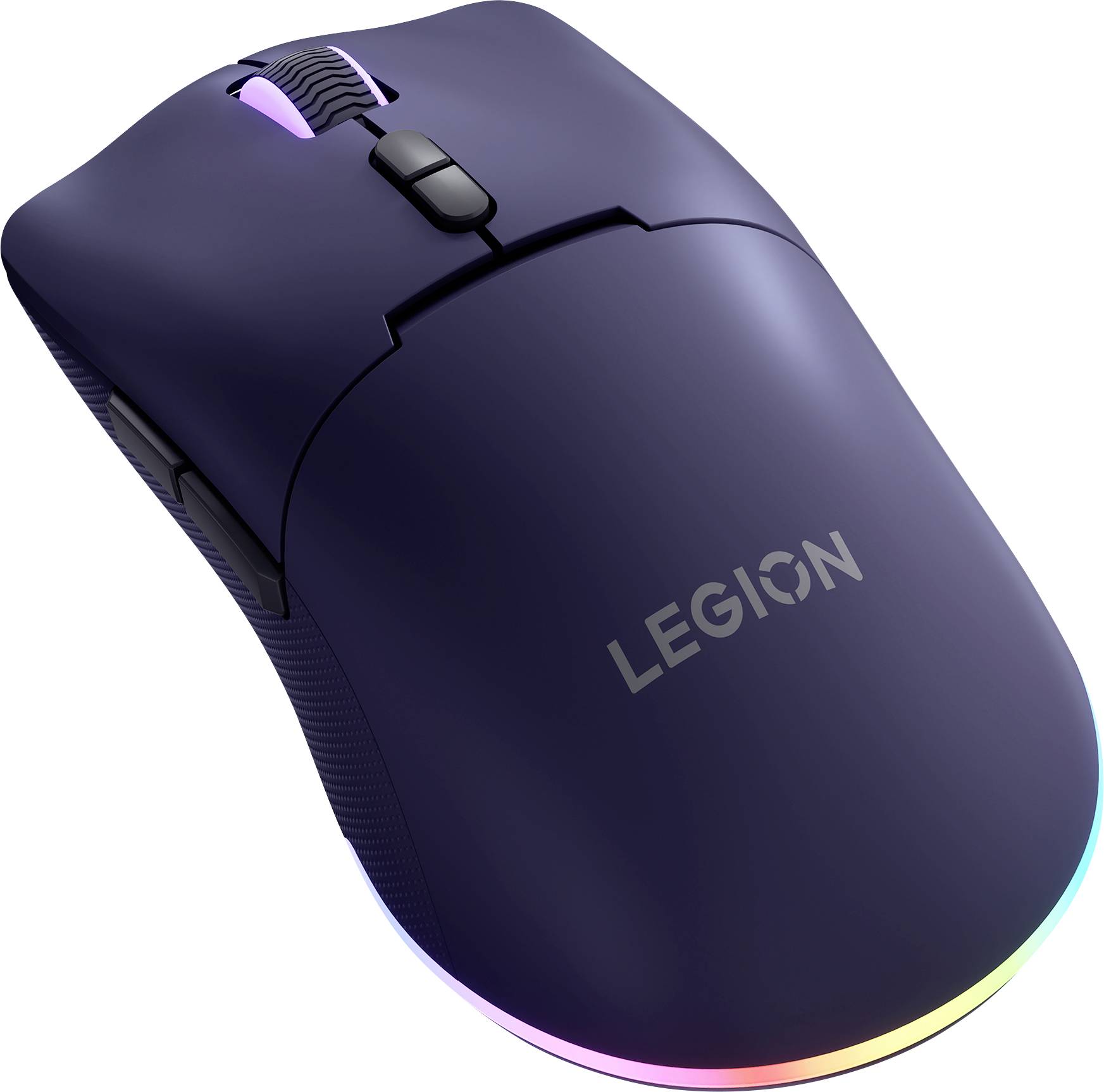 Violette Lenovo Legion Gaming-Maus mit RGB-Beleuchtung um die Basis und das Scrollrad.