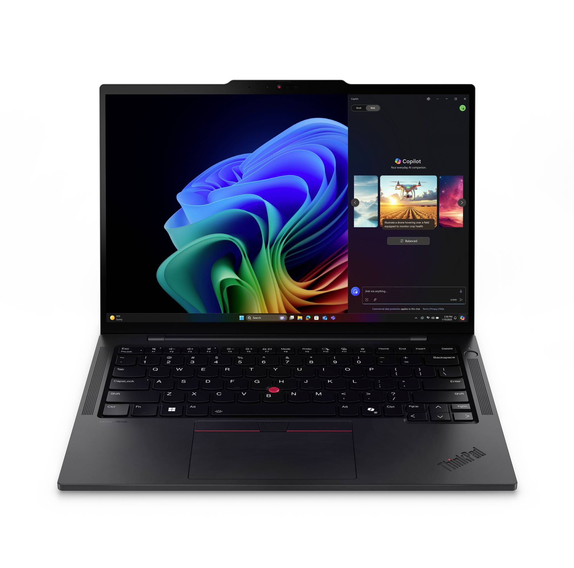 Ein Lenovo ThinkPad-Laptop, auf dem Windows mit einer farbenfrohen abstrakten Tapete und einem Copilot-Panel auf der rechten Seite des Bildschirms angezeigt wird.