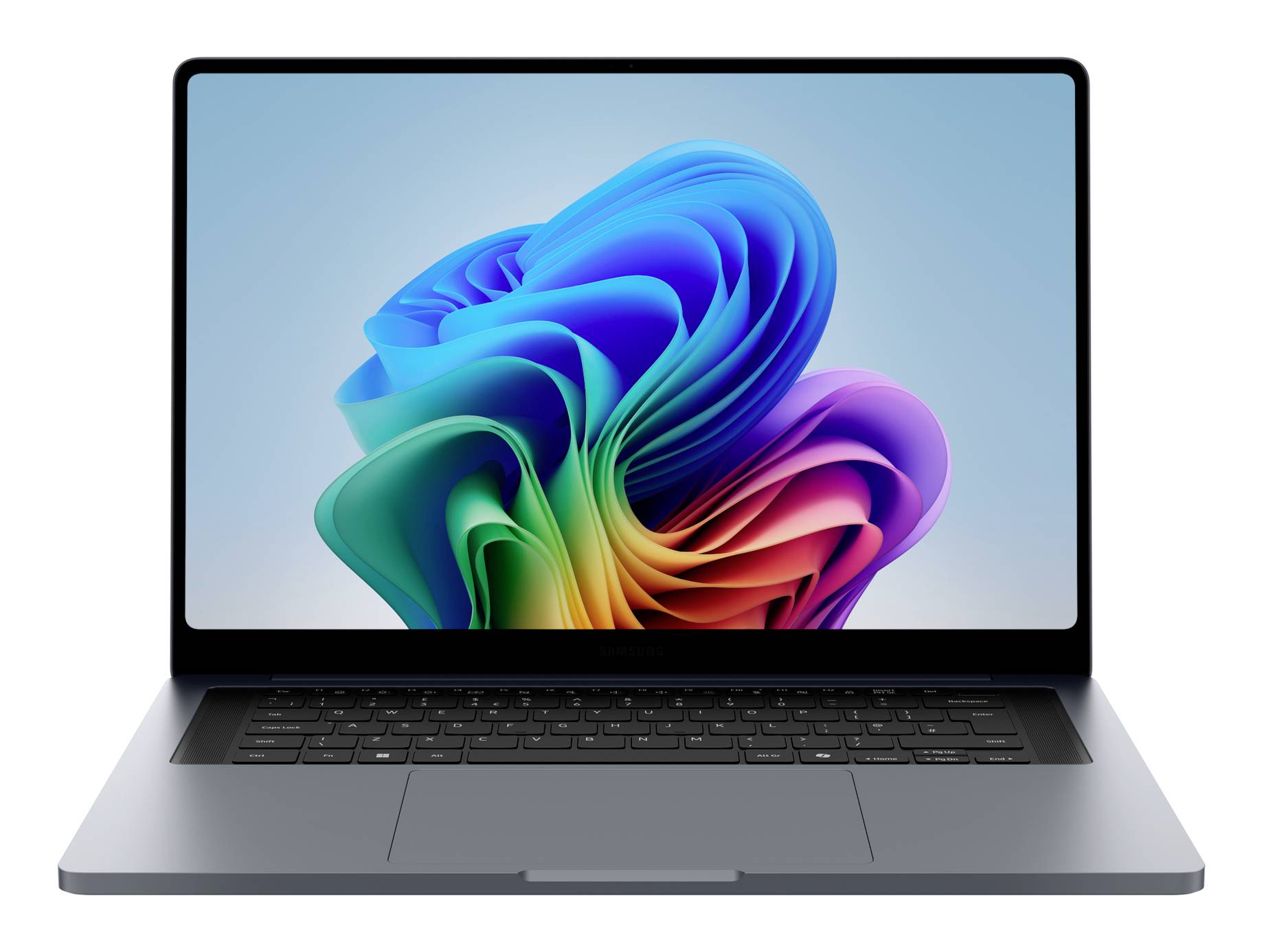 Offener Laptop-Computer mit einem bunten, abstrakten, blumenähnlichen Hintergrund auf dem Bildschirm.