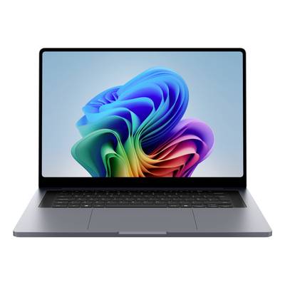 Offener Laptop-Computer mit einem bunten, abstrakten, blumenähnlichen Hintergrund auf dem Bildschirm.
