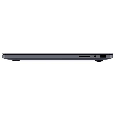 Seitenansicht eines geschlossenen Laptops mit schlankem grauem Gehäuse, vorderer Kante und zwei sichtbaren Anschlüssen auf der rechten Seite.