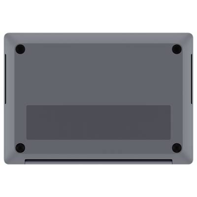 Offener Laptop in teilweise zusammengeklappter Tabletposition gezeigt, mit farbenfrohem Bildschirm und kompakter Tastatur auf weißem Hintergrund.