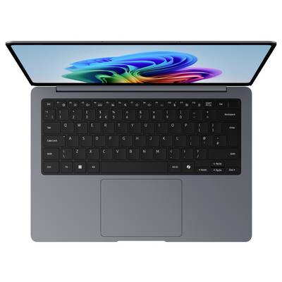 Laptop offen mit farbenfrohem abstraktem Hintergrundbild auf dem Bildschirm, mit schwarzer Tastatur und großem Touchpad von oben sichtbar.