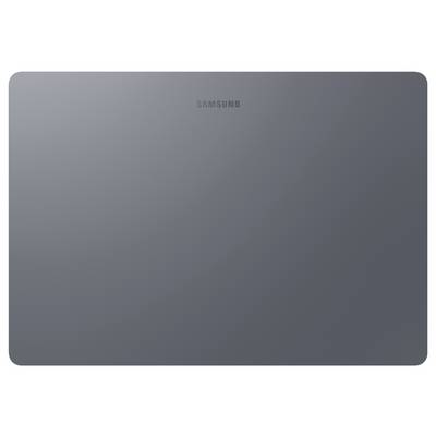 Geschlossener grauer Samsung-Laptop mit zentriertem Markenlogo auf einfachem weißem Hintergrund