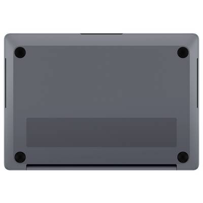 Unteransicht eines grauen Laptops oder Tablets, die vier Gummifüße, Lüftungsschlitze und ein zentrales Lautsprechergitter zeigt.