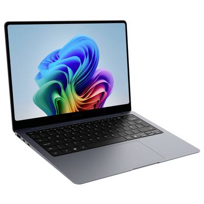 Silberner Samsung-Laptop in einem Winkel geöffnet, der auf dem Bildschirm ein farbenfrohe, abstrakte blumenähnliche Hintergrundbild zeigt.