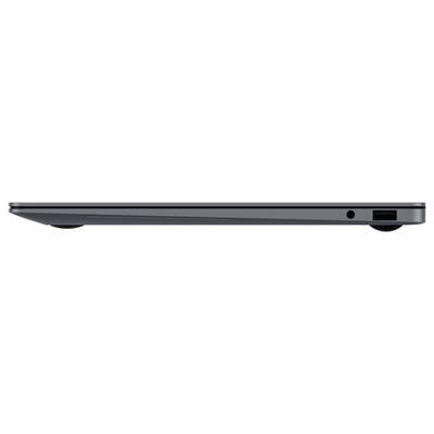 Seitenansicht eines geschlossenen silbernen Laptops, das die dünne Basis, die Vorderkante, die Anschlüsse und einen angehobenen hinteren Fuß zeigt.