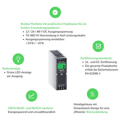 Produktabbildung eines Schneider Electric Netzteils mit Merkmalen: 12/24/48 V DC, 75–960 W, einstellbare Ausgangsspannung, grüne LED-Statusanzeige, Zertifizierungen und Metallgehäuse zur Wärmeableitung.