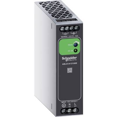 Schneider Electric Industrielle Stromversorgungsmodule mit Frontanschlüssen, grünem Einstellfeld und Ein-/Ausgangsbeschriftungen.