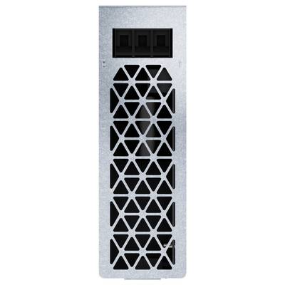 Vorderansicht eines Computertower-Lüftungspanels mit schwarzem geometrischem Gitter und drei rechteckigen Laufwerk-Schachtöffnungen oben.