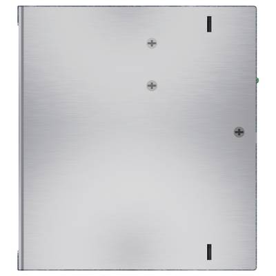 Ein gebürstetes Metallrechteckpanel mit drei sichtbaren Schraubenköpfen und zwei schmalen schwarzen Schlitzen oben und unten rechts.