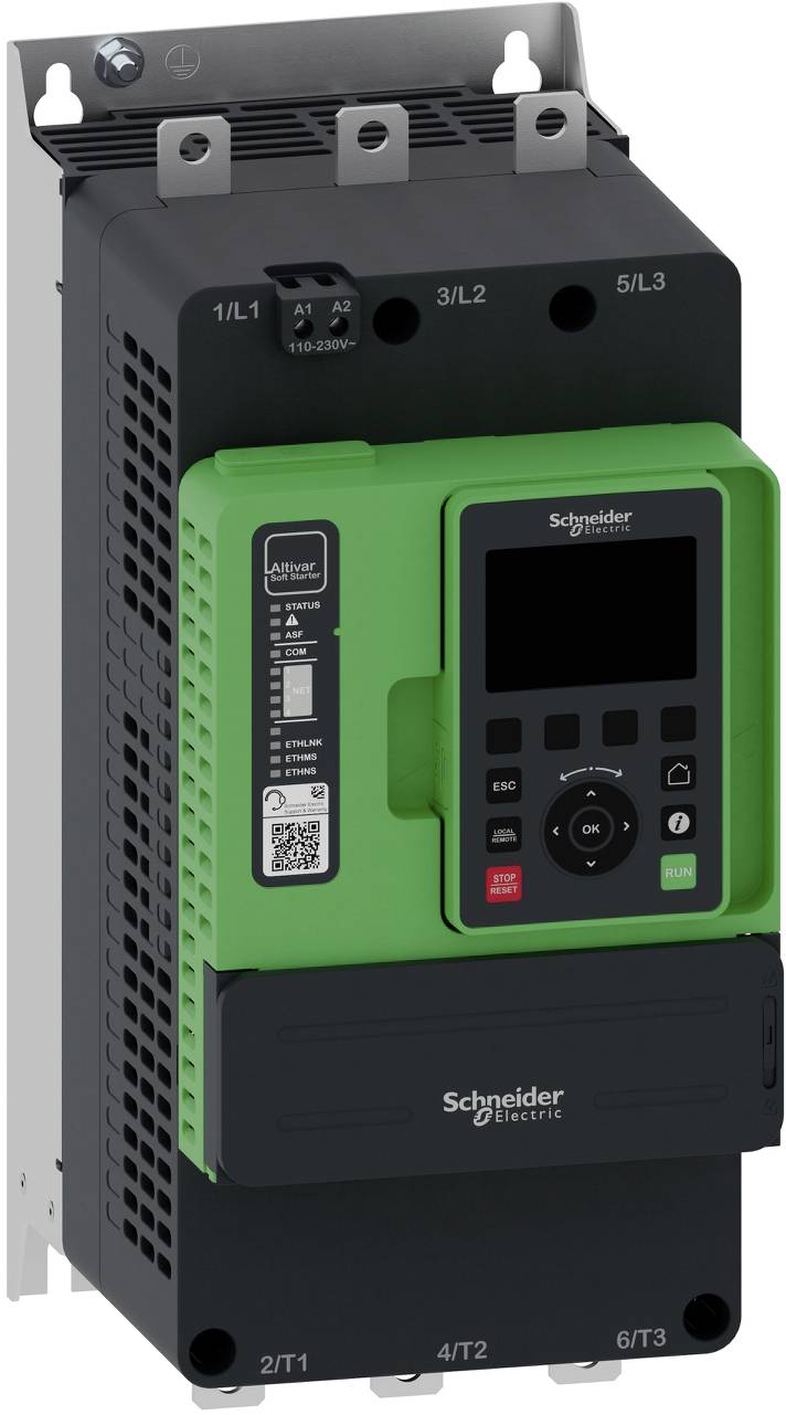 Schneider Electric Frequenzumrichter in Frontansicht, mit grünem Bedienfeld, Display, Tasten und Anschlussbezeichnungen für Stromverbindungen.