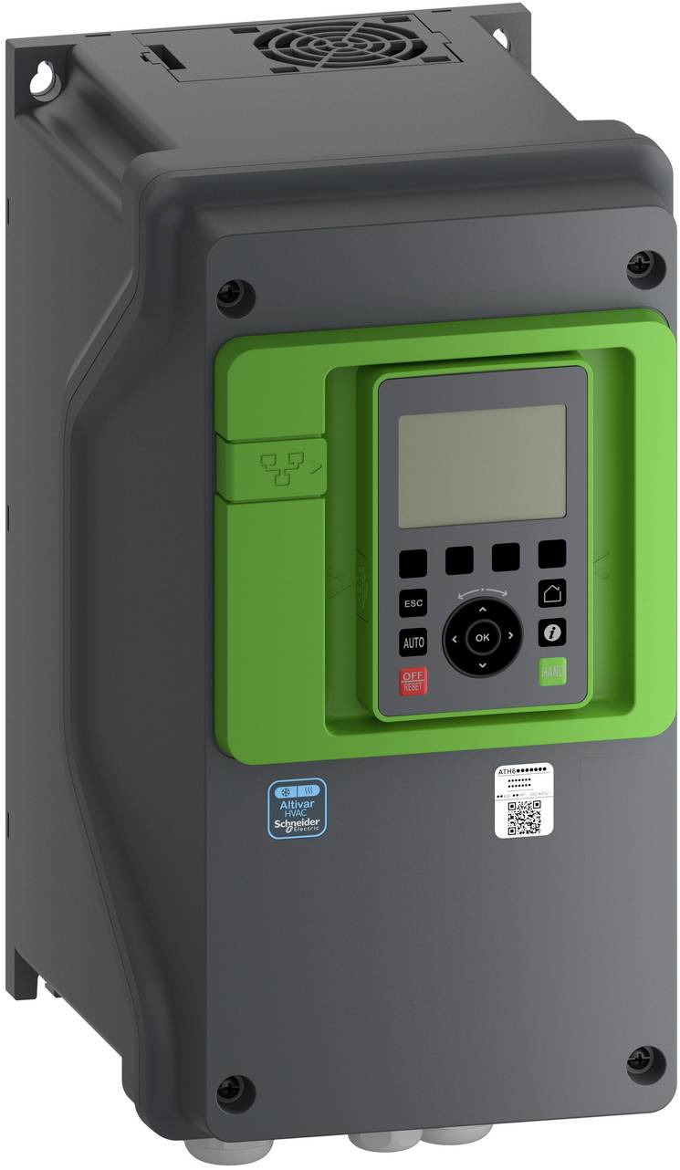 Industrielles Motorsteuerungsgerät mit grünem Frontpanel, digitaler Anzeige, Bedientastatur und Beschriftungen auf einem grauen Gehäuse.