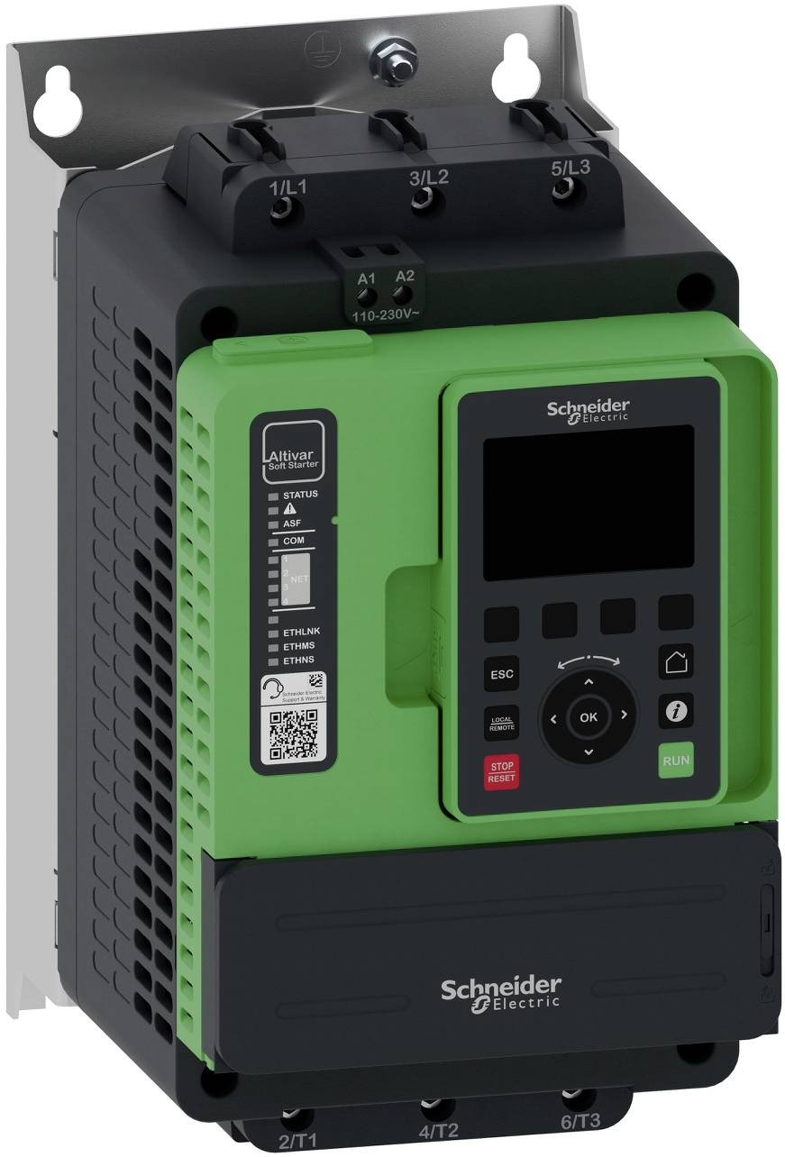 Schneider Electric Altivar Frequenzumrichter mit Tastaturanzeige und beschrifteten Stromversorgungsklemmen, Frontansicht auf einer Befestigungshalterung dargestellt.